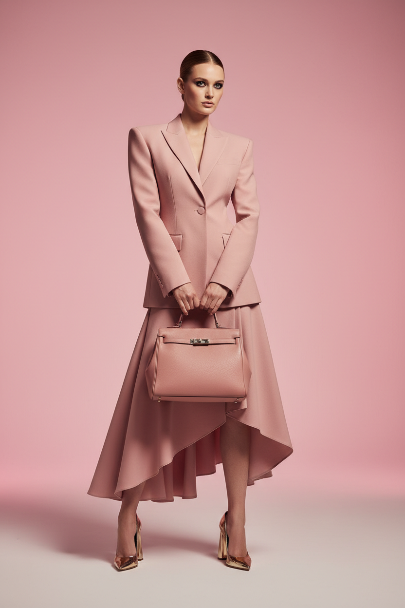 Woman with Luxury Bag – Studio Pink